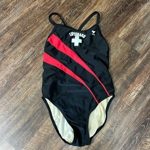TYR one piece lifeguard swimsuit black and red